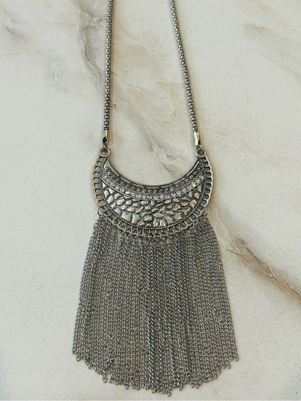 Vintage Silver Toned Tassel Statement Necklace